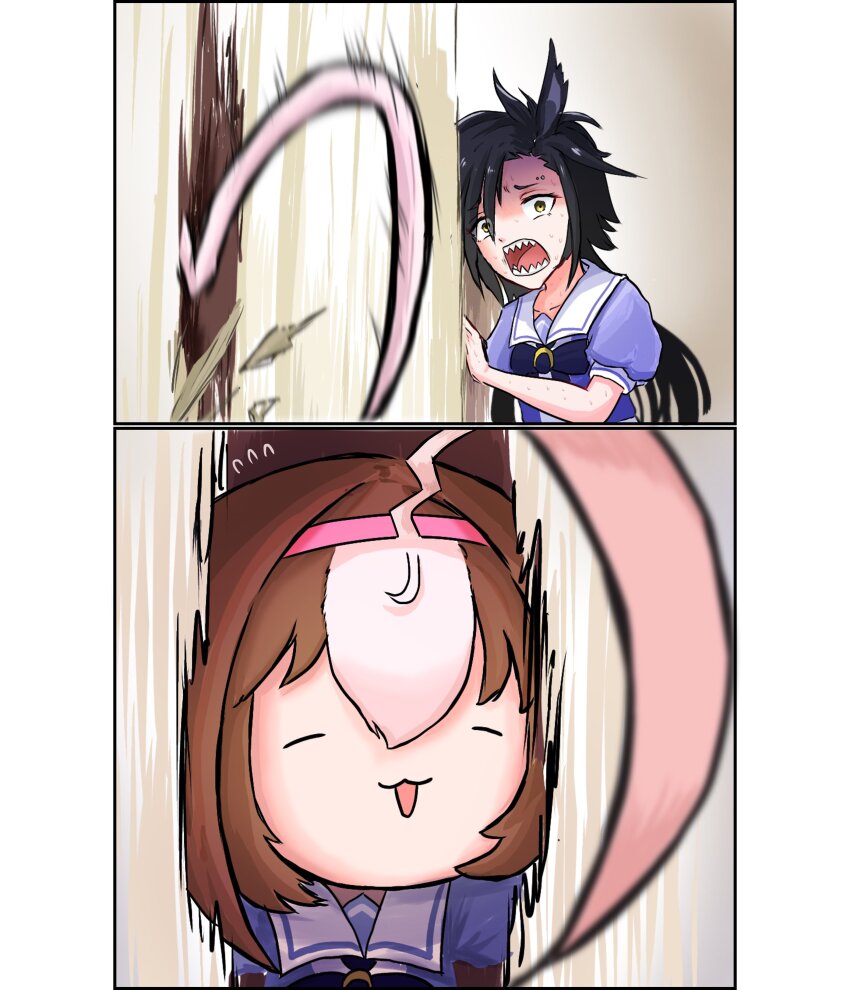 2girls, 2koma, :3, absurdres, ahoge, air_shakur_(umamusume), animal_ears, black_hair, bow, bowtie, brown_hair, comic, eyebrow_piercing, face_piercing, hairband, here's_johnny!_(meme), highres, horse_ears, horse_girl, horseshoe_ornament, kannagi2001, meisho_doto_(umamusume), meme, multicolored_hair, multiple_girls, parody, piercing, pink_hairband, puffy_short_sleeves, puffy_sleeves, purple_bow, purple_bowtie, purple_serafuku, purple_shirt, sailor_collar, sailor_shirt, scared, scene_reference, school_uniform, serafuku, sharp_teeth, shirt, short_hair, short_sleeves, teeth, the_shining, tracen_school_uniform, umamusume, white_hair, yellow_eyes
