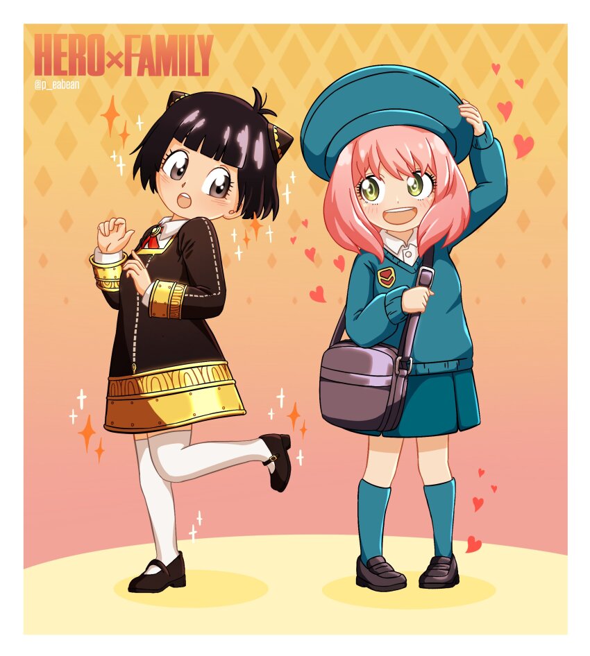 2girls, absurdres, anya_(spy_x_family), anya_(spy_x_family)_(cosplay), bag, black_dress, black_eyes, black_hair