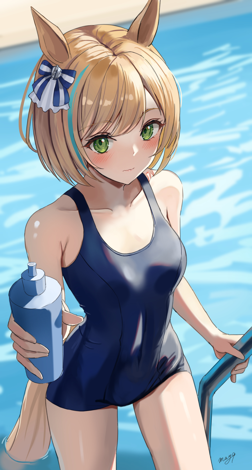 1girl, animal_ears, blonde_hair, blue_hair, blue_one-piece_swimsuit, blush, bottle, competition_school_swimsuit