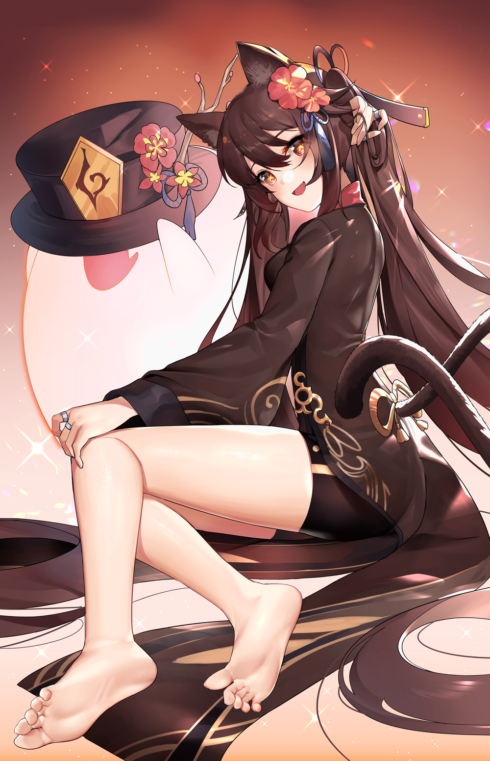 1girl, :d, animal_ear_fluff, animal_ears, arm_behind_head, arm_up, ass, bare_legs