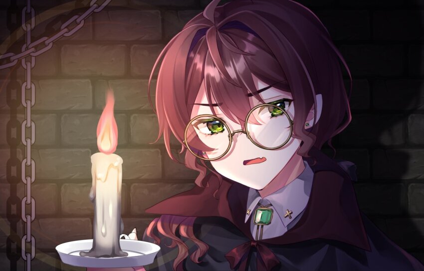 1boy, albert_parker, black_cloak, bolo_tie, brick_wall, brown_hair, candle, candlestand, chain, cloak, collared_shirt, earrings, ewokaku335, fang, fingernails, gem, green_eyes, green_gem, hair_between_eyes, hair_intakes, holding, holding_candle, holding_candlestand, indie_virtual_youtuber, jewelry, long_hair, looking_at_viewer, low_ponytail, male_focus, open_mouth, pointy_ears, ponytail, round_eyewear, scowl, shadow, sharp_fingernails, shirt, skin_fang, solo, stud_earrings, upper_body, vampire, virtual_youtuber, white_shirt