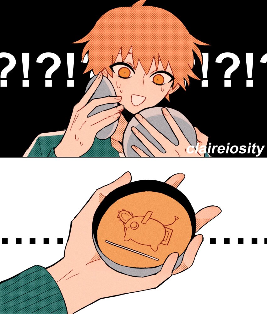 !?, ..., 1boy, 2koma, artist_name, blonde_hair, chainsaw, chainsaw_man