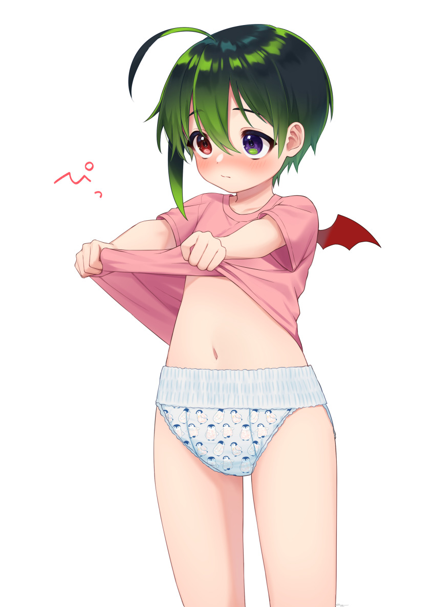 1boy, absurdres, clothes_lift, clothes_pull, diaper, green_hair, hair_between_eyes, heterochromia, highres, indie_virtual_youtuber, kagari_tuepesyu, male_focus, midriff, navel, penguin_print, pink_shirt, print_diaper, pull-up_diaper, purple_eyes, red_eyes, sakura_chiyo_(konachi000), shirt, shirt_lift, shirt_pull, shota, stomach, virtual_youtuber