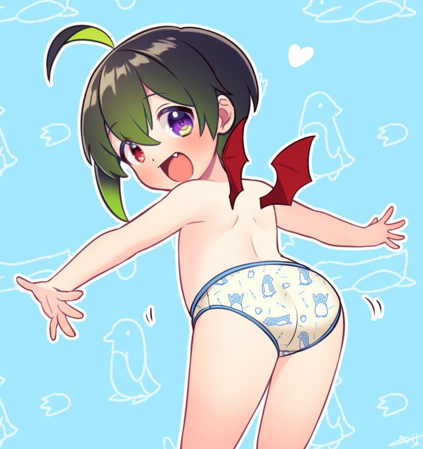 1boy, :d, ahoge, ass, black_hair, commentary_request, demon_boy, demon_tail, demon_wings, from_behind, gradient_hair, green_hair, hair_between_eyes, hands_on_own_hips, heterochromia, highres, indie_virtual_youtuber, kagari_tuepesyu, looking_at_viewer, looking_back, male_focus, male_underwear, mini_wings, multicolored_hair, open_mouth, penguin_print, print_male_underwear, purple_eyes, red_eyes, red_wings, sakura_chiyo_(konachi000), shota, smile, solo, sparkle, tail, topless_male, underwear, underwear_only, v-shaped_eyebrows, virtual_youtuber, wings, yellow_male_underwear