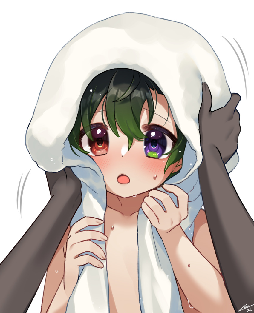 1boy, 1girl, dark-skinned_female, dark_skin, green_hair, hair_between_eyes, heterochromia, highres