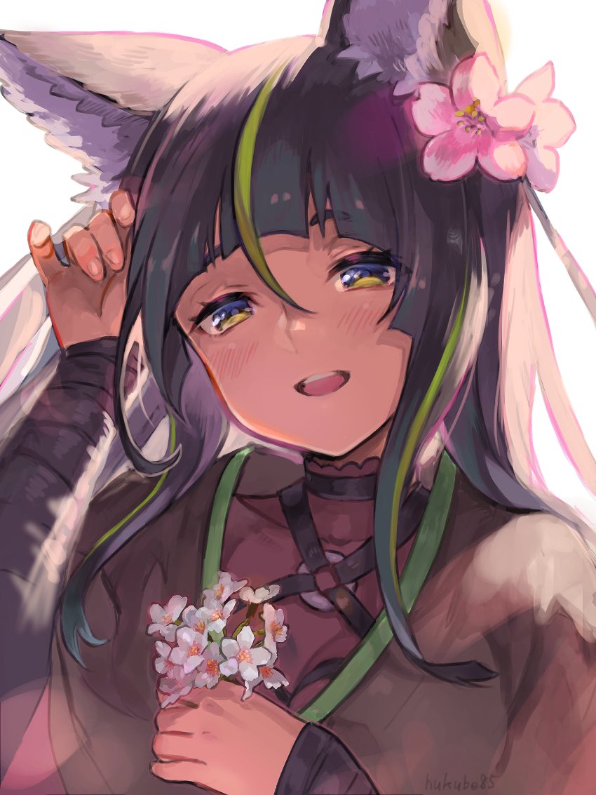 animal_ears, black_hair, blunt_bangs, flower, fox_ears, fukube, hair_flower, hair_ornament