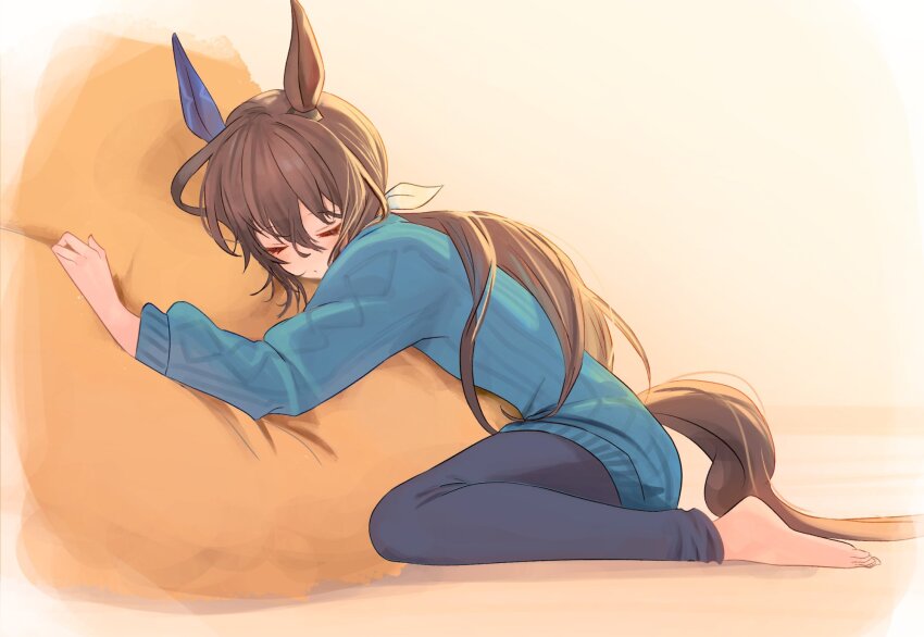 1girl, admire_vega_(umamusume), animal_ears, barefoot, black_pants, blue_sweater, brown_hair, ear_covers