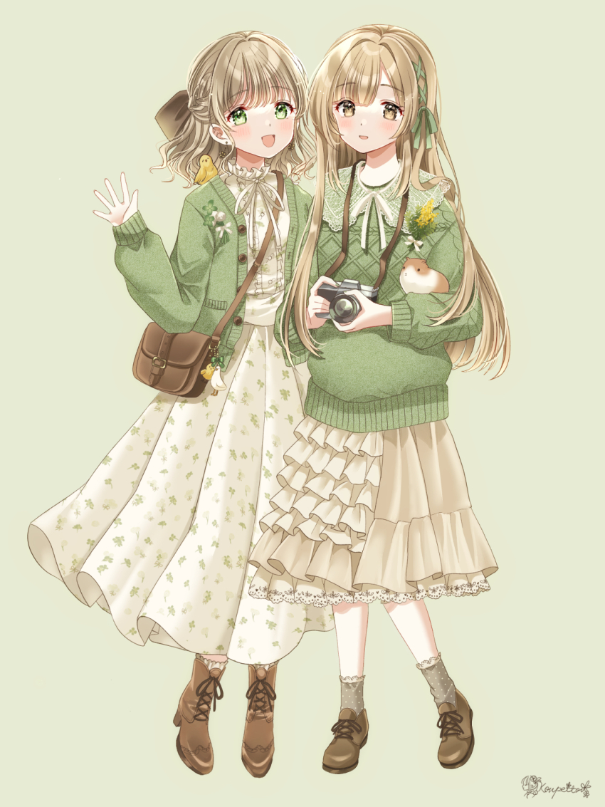 2girls, :d, animal, animal_on_shoulder, bag, bag_charm, bird, bird_on_shoulder