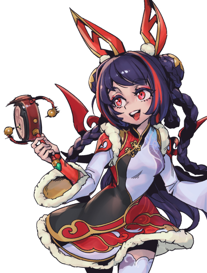 1girl, :d, animal_ears, black_hair, braid, double_bun, dress, fake_animal_ears