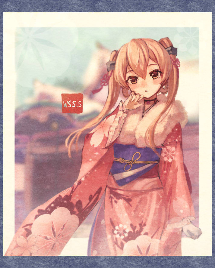 1girl, artist_logo, artist_name, blush, brown_eyes, fur-trimmed_kimono, fur_trim, hair_between_eyes