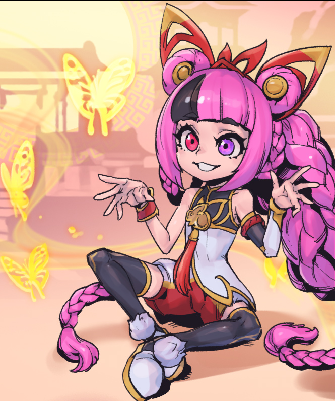 1girl, animal_ears, asymmetrical_sleeves, bare_shoulders, black_hair, black_thighhighs, blunt_bangs, braid, bug, butterfly, detached_sleeves, double_bun, fake_animal_ears, grey_shorts, grin, hair_bun, heterochromia, house, insect, league_of_legends, long_hair, multicolored_shorts, mythmaker_zoe, official_alternate_costume, outdoors, phantom_cross, pink_eyes, pink_hair, purple_eyes, rabbit_ears, red_shorts, shoes, shorts, smile, solo, teeth, thighhighs, twintails, wrist_cuffs, zoe_(league_of_legends)