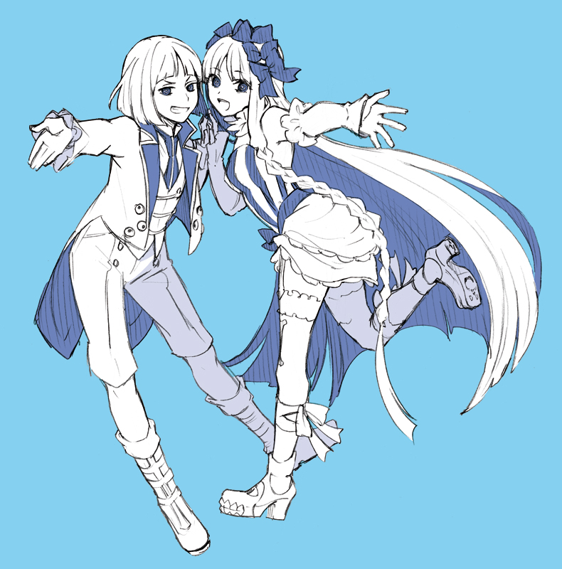 blue_background, blue_theme, blunt_bangs, bow, braid, coat, fate/strange_fake, fate_(series)