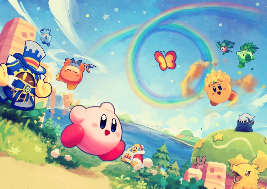 :d, armor, arms_up, artist_name, bandana, bandana_waddle_dee, beak, blue_bandana, blue_eyes, blue_sky, blush, blush_stickers, bug, butterfly, cape, character_request, closed_eyes, cloud, coat, copy_ability, day, eyes_in_shadow, flower, flying, full_body, fur-trimmed_coat, fur-trimmed_headwear, fur-trimmed_sleeves, fur_trim, gloves, grass, hat, highres, hill, holding, holding_polearm, holding_weapon, insect, king_dedede, kirby, kirby's_return_to_dream_land, kirby's_return_to_dream_land_deluxe, kirby_(series), leaf_kirby, leafan, long_sleeves, looking_at_viewer, magolor, manager_magolor, mask, meta_knight, morpho_knight, mountain, nintendo, no_humans, one_eye_closed, open_mouth, outdoors, path, plant, polearm, polof, rabbit, rainbow, rayman_limbs, red_coat, red_headwear, road, running, sand_kirby, scenery, shoulder_armor, sky, smile, solid_oval_eyes, spear, star_(symbol), suyasuyabi, top_hat, tree, twitter_username, water, water_kirby, waterfall, weapon, white_flower, yellow_eyes, yellow_gloves