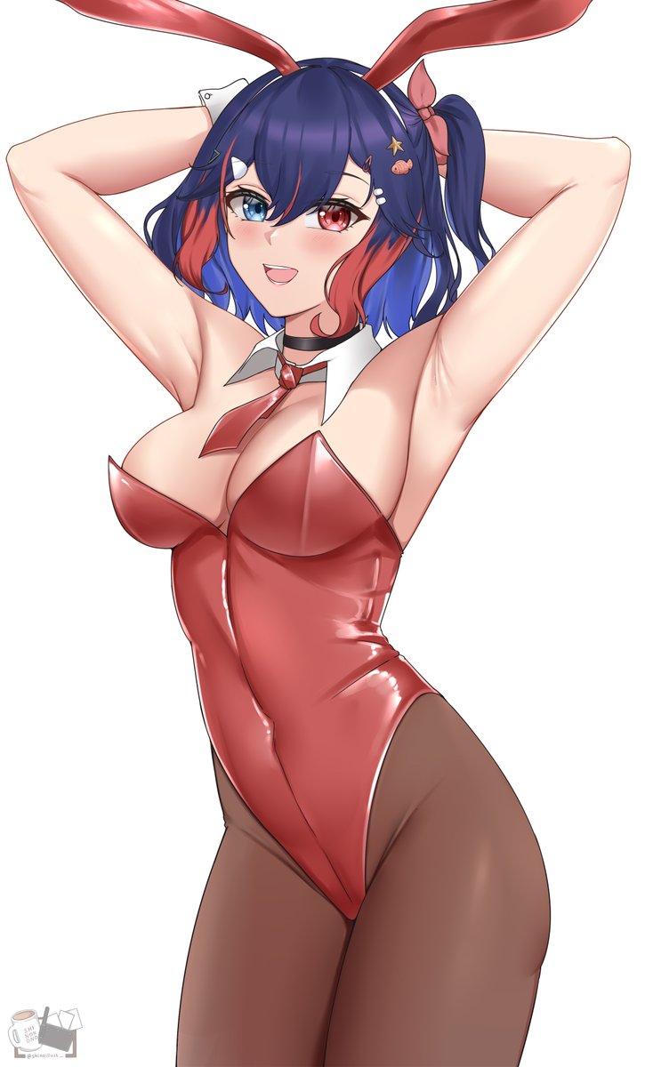 1girl, airi_cordelia, aka_virtual, animal_ears, armpits, arms_behind_head, arms_up, artist_name, blue_eyes, blue_hair, breasts, choker, cleavage, covered_navel, detached_collar, fake_animal_ears, hair_ornament, heterochromia, highleg, highleg_leotard, highres, large_breasts, leotard, looking_at_viewer, medium_breasts, multicolored_hair, necktie, pantyhose, playboy_bunny, rabbit_ears, red_eyes, red_hair, shinoillust, side_ponytail, simple_background, smile, solo, virtual_youtuber, wrist_cuffs