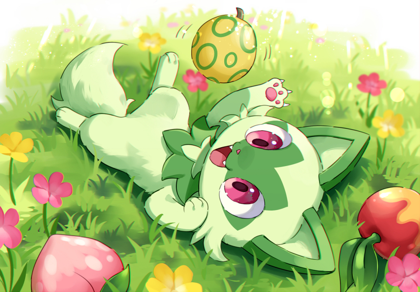 :d, aspear_berry, berry_(pokemon), claws, commentary_request, fangs, flower, grass