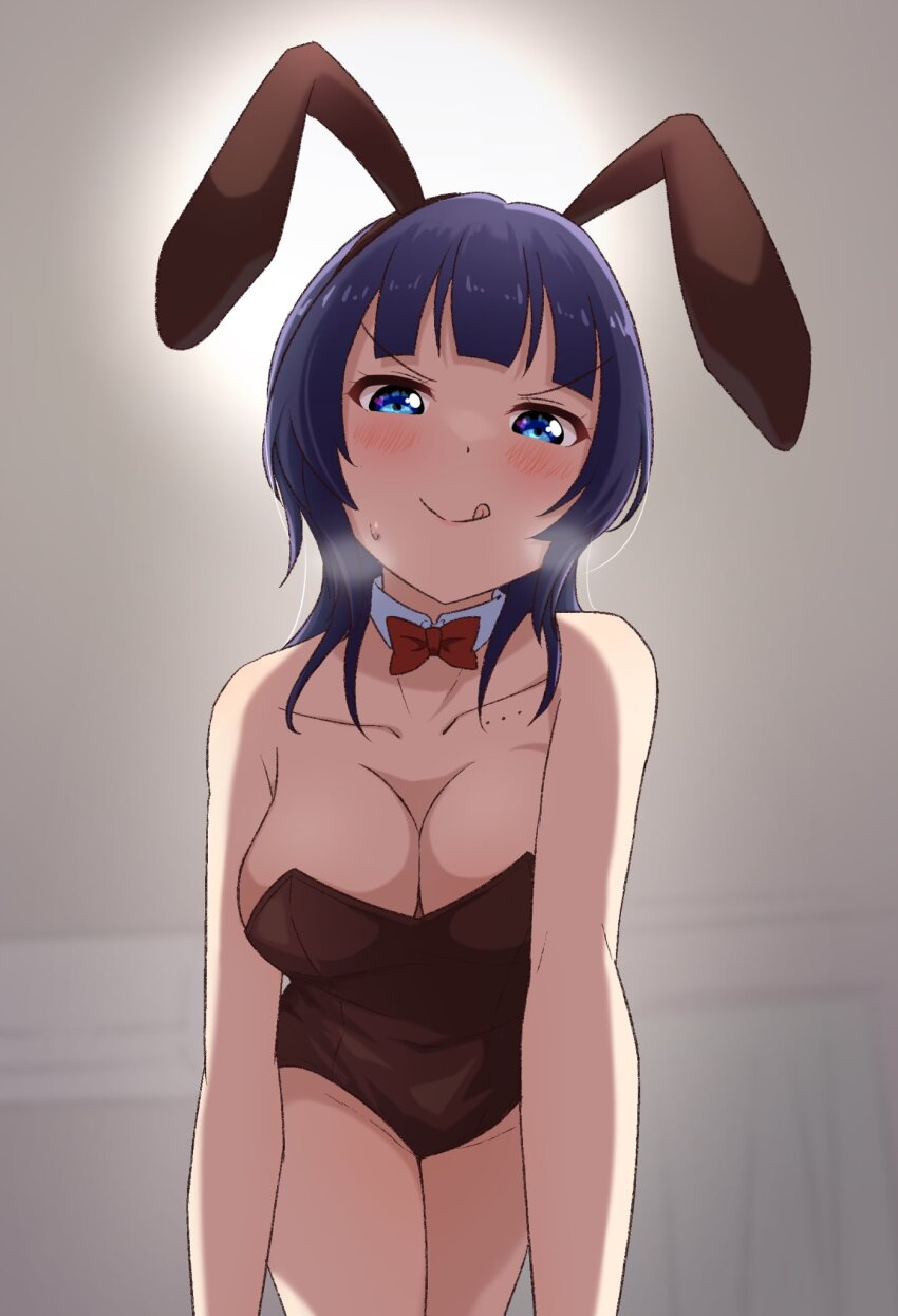 1girl, all_fours, asaka_karin, bare_shoulders, blue_eyes, blue_hair, blush, bow