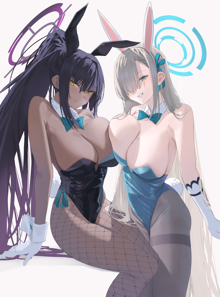 2girls, absurdres, animal_ears, asuna_(blue_archive), asuna_(bunny)_(blue_archive), asymmetrical_docking, bare_shoulders, black_hair, black_leotard, blue_archive, blue_bow, blue_bowtie, blue_eyes, blue_leotard, blue_ribbon, bow, bowtie, breast_press, breasts, brown_hair, brown_pantyhose, cleavage, dark-skinned_female, dark_skin, detached_collar, fake_animal_ears, fishnet_pantyhose, fishnets, gloves, grey_background, hair_ribbon, halo, highres, karin_(blue_archive), karin_(bunny)_(blue_archive), large_breasts, leotard, long_hair, looking_at_viewer, mole, mole_on_breast, multiple_girls, noviceeeeeeee, official_alternate_costume, pantyhose, playboy_bunny, ponytail, rabbit_ears, ribbon, simple_background, sitting, smile, symmetrical_docking, white_gloves, yellow_eyes