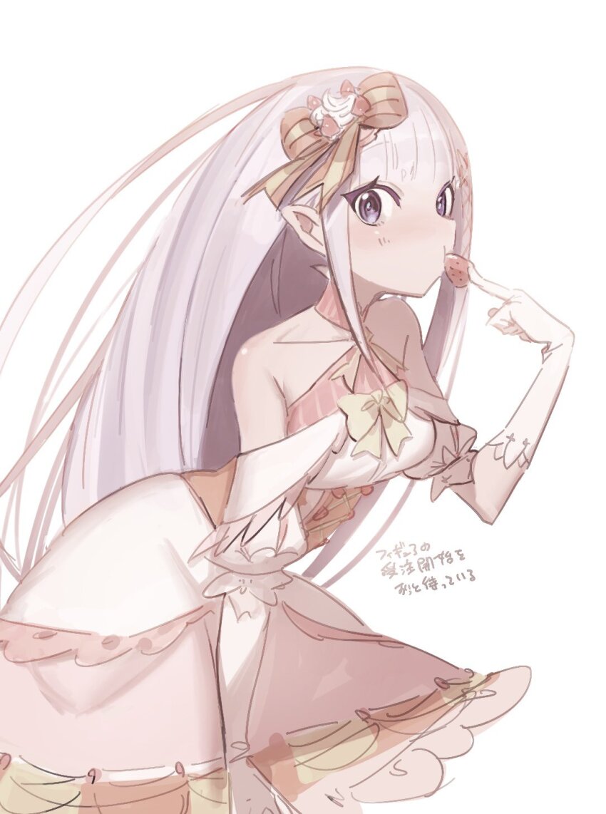 1girl, b_c_b_c_b_c, bare_shoulders, blush, bow, detached_sleeves, dress, eating, elf, emilia_(re:zero), food, fruit, gloves, hair_ornament, highres, long_hair, pointy_ears, purple_eyes, re:zero_kara_hajimeru_isekai_seikatsu, solo, strawberry, translation_request, white_background, white_dress, white_gloves, white_hair