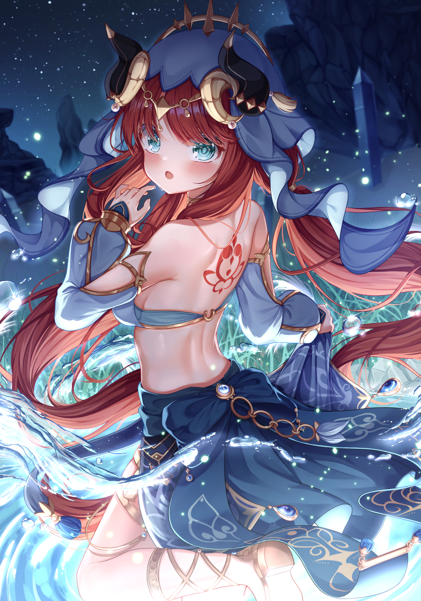 1girl, :o, absurdres, apple_mango, aqua_eyes, back, back_tattoo, bare_back