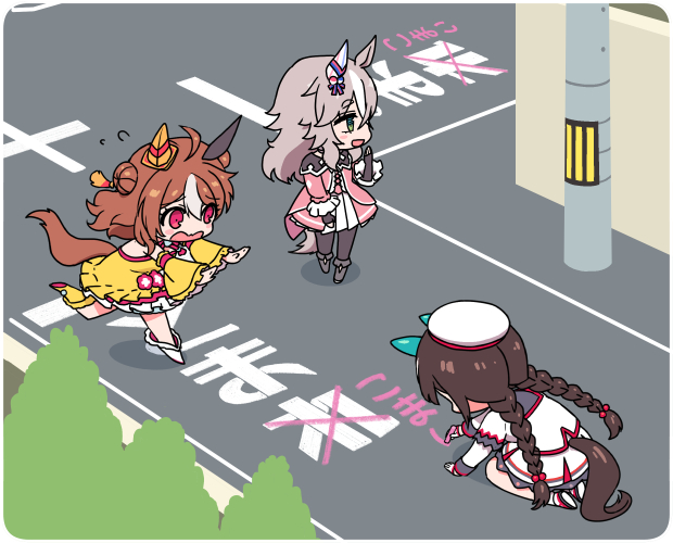 1koma, 3girls, ahoge, animal_ears, beret, black_pantyhose, braid, brown_hair