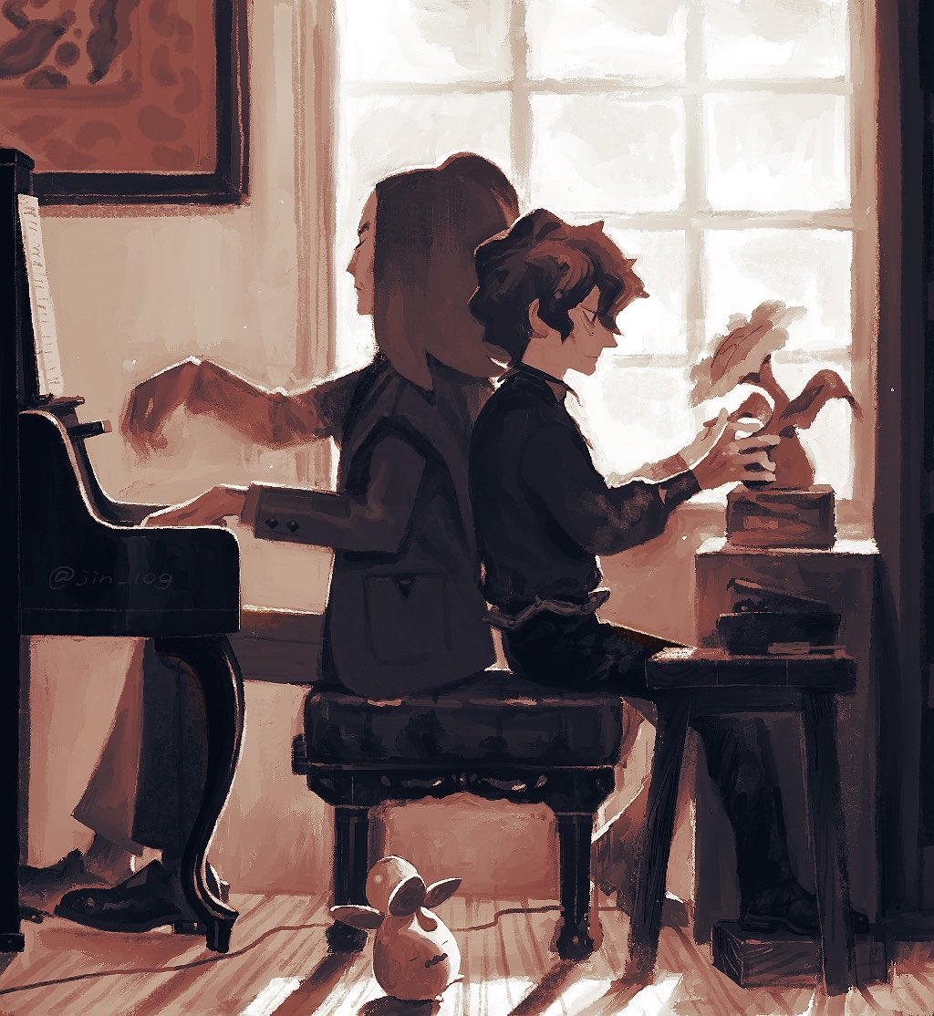 2boys, brassius_(pokemon), closed_mouth, commentary, from_side, hassel_(pokemon), indoors, instrument