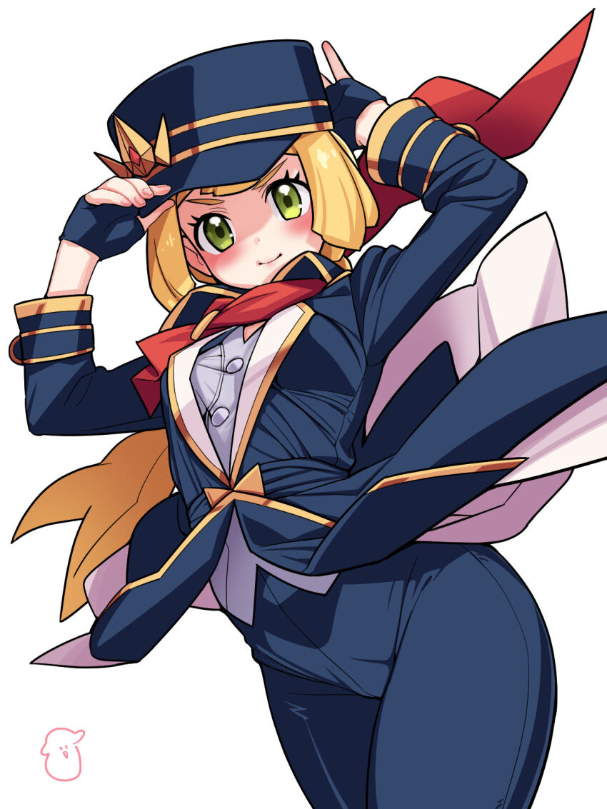 1girl, black_coat, black_gloves, black_hat, black_pants, blonde_hair, blush, buttons