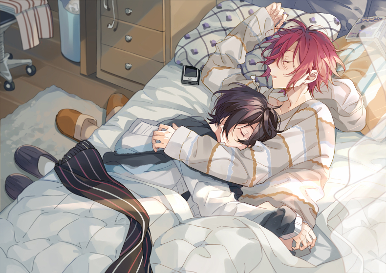 2boys, bed, black_hair, blanket, book, cellphone, closed_eyes, commentary_request