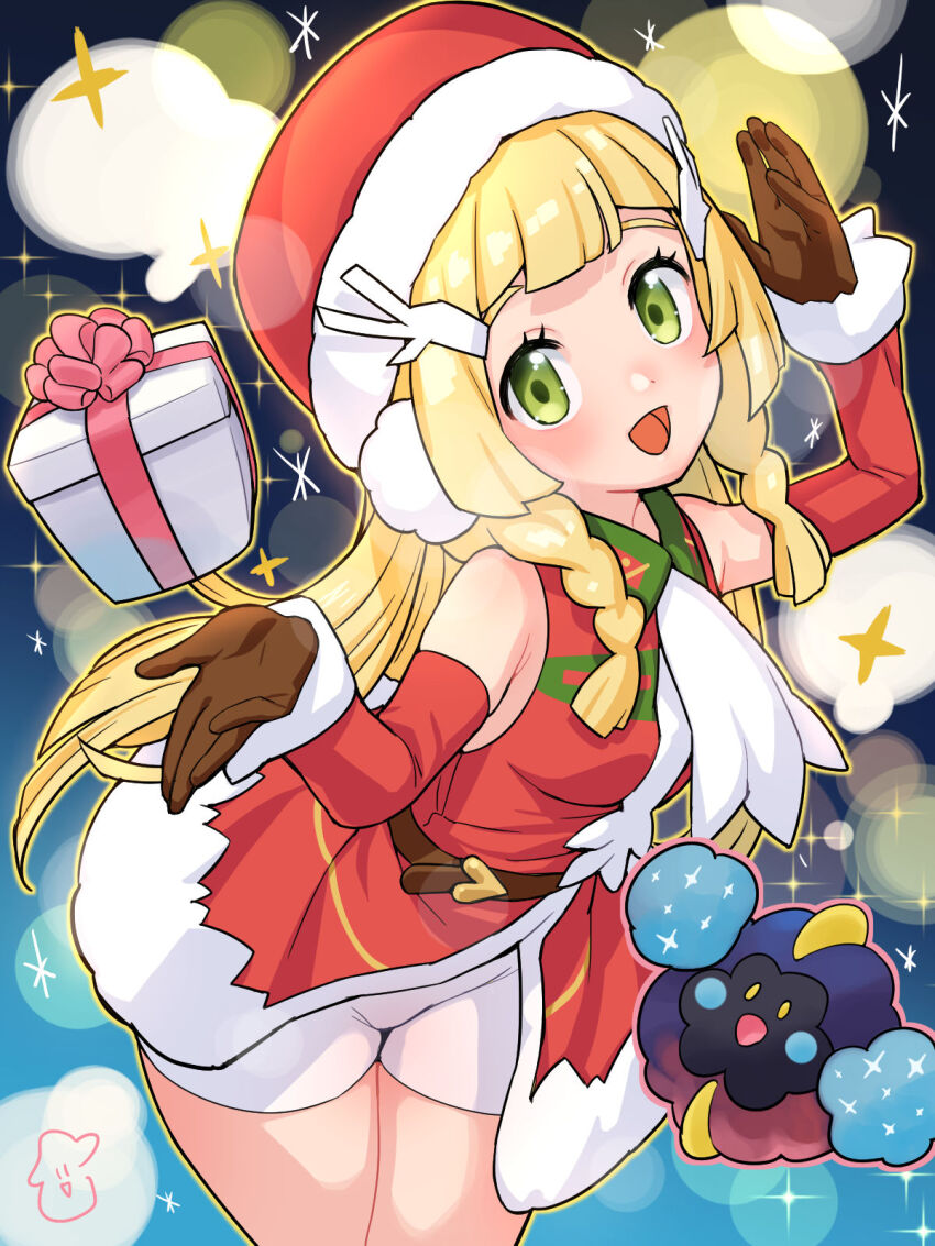 1girl, :d, bare_shoulders, belt, blonde_hair, blush, box, braid, breasts, brown_belt, brown_gloves, coat, commentary_request, cosmog, cosplay, cowboy_shot, detached_sleeves, eyelashes, gen_7_pokemon, gift, gift_box, gloves, green_eyes, hat, highres, kinocopro, legendary_pokemon, lillie_(pokemon), long_hair, looking_at_viewer, medium_breasts, nintendo, open_mouth, pokemon, pokemon_(creature), pokemon_masters_ex, pokemon_sun_and_moon, red_coat, red_headwear, santa_hat, shorts, small_breasts, smile, sparkle, tongue, twin_braids, white_shorts, whitney_(holiday_2022)_(pokemon), whitney_(pokemon), whitney_(pokemon)_(cosplay)