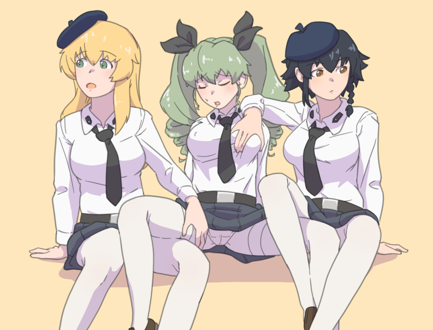 3girls, absurdres, anchovy_(girls_und_panzer), anzio_school_uniform, arm_support, black_hair, black_necktie, blonde_hair