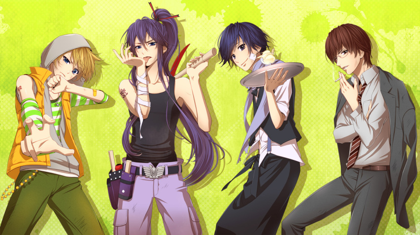 4boys, black_hair, blonde_hair, blue_hair, cigarette, food, formal_clothes, glasses, hat, hiyama_kiyoteru, hood, kagamine_len, kaito_(vocaloid), kamui_gakupo, koyama_kariko, licking, male_focus, multiple_boys, pants, ponytail, purple_hair, smoking, suit, tongue, vocaloid, waiter