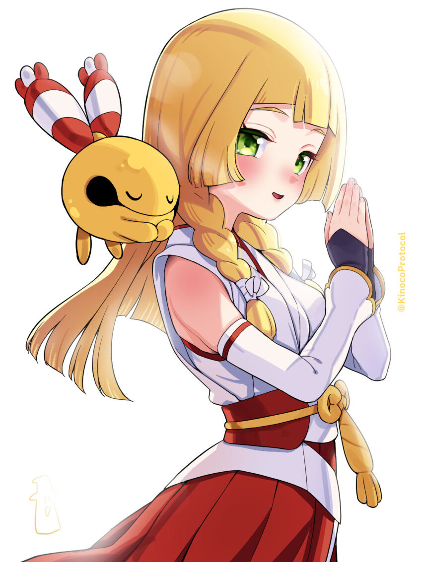 1girl, alternate_costume, bare_shoulders, blonde_hair, blush, braid, chingling, commentary_request