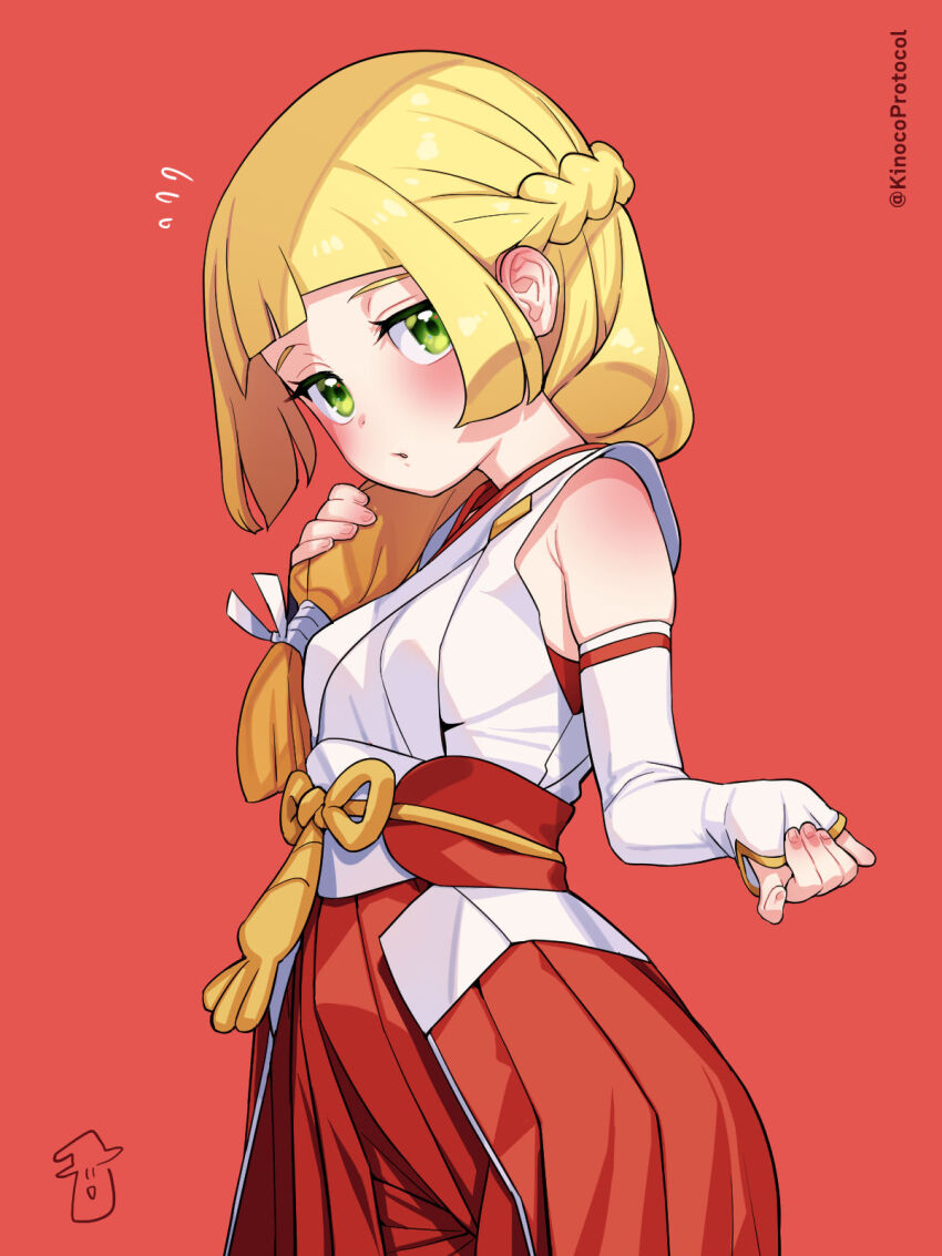 1girl, bare_shoulders, blonde_hair, blush, braid, commentary_request, cosplay, detached_sleeves