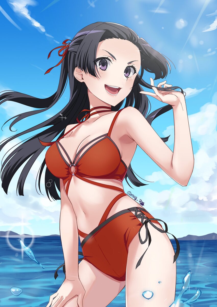 1girl, :d, bikini, black_hair, black_ribbon, blue_sky, breasts, choker