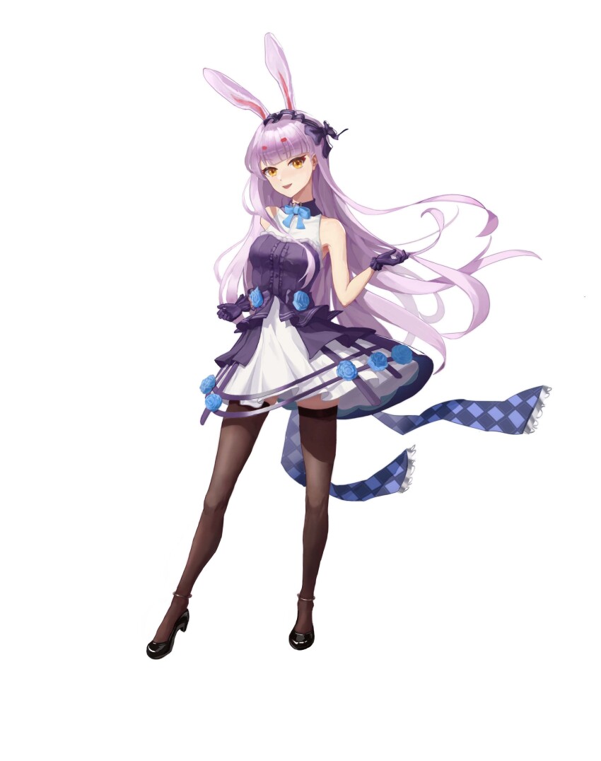 1girl, absurdres, azur_lane, black_shoes, blue_flower, blue_rose, breasts, brown_thighhighs, carrot-jam, dress, dress_flower, flower, frilled_gloves, frills, full_body, gloves, hairband, highres, layered_dress, lolita_hairband, long_hair, looking_at_viewer, official_alternate_costume, purple_dress, purple_gloves, purple_hair, rose, shimakaze_(azur_lane), shimakaze_(the_white_rabbit_of_wonderland)_(azur_lane), shoes, short_dress, simple_background, small_breasts, solo, standing, thighhighs, two-tone_dress, very_long_hair, white_background, white_dress, yellow_eyes