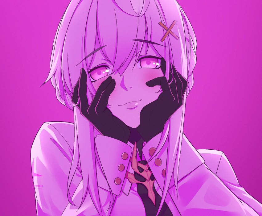 1girl, black_gloves, black_necktie, closed_eyes, gloves, hands_on_own_face, highres, jacket