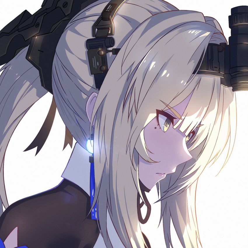 1girl, bianca:_veritas_(pgr), bianca_(pgr), black_ribbon, closed_mouth, earrings, from_side, hair_ribbon