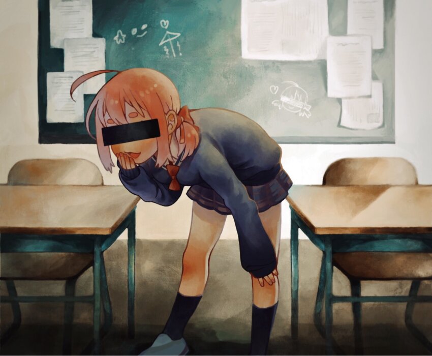 1girl, ahoge, aruko_okara, bar_censor, bent_over, black_cardigan, black_socks, bow, bowtie, cardigan, censored, chair, chalk, chalkboard, chibi, chibi_inset, classroom, covering_own_mouth, desk, facing_viewer, foot_out_of_frame, hair_bow, hand_on_own_knee, hand_over_own_mouth, hand_up, highres, censored_identity, indie_virtual_youtuber, kneehighs, long_sleeves, loose_bowtie, low_twintails, omikoshi_(oa0cc), pink_hair, red_bow, red_bowtie, school_chair, school_desk, shoes, short_eyebrows, short_hair, short_twintails, sleeves_past_wrists, sneakers, socks, thick_eyebrows, tokumei_radio, twintails, virtual_youtuber