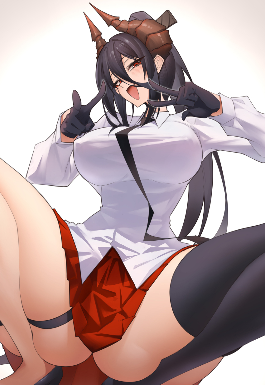 1girl, black_gloves, black_hair, black_thighhighs, blush, breasts, double_v, gingami_(giluziru), gloves, hair_between_eyes, highres, horns, kanra_rei, large_breasts, m_legs, open_mouth, ponytail, red_eyes, red_skirt, shirt, single_thighhigh, skirt, solo, spread_legs, tengoku_de_akuma_ga_boku_wo_miwaku_suru, thighhighs, v, white_shirt