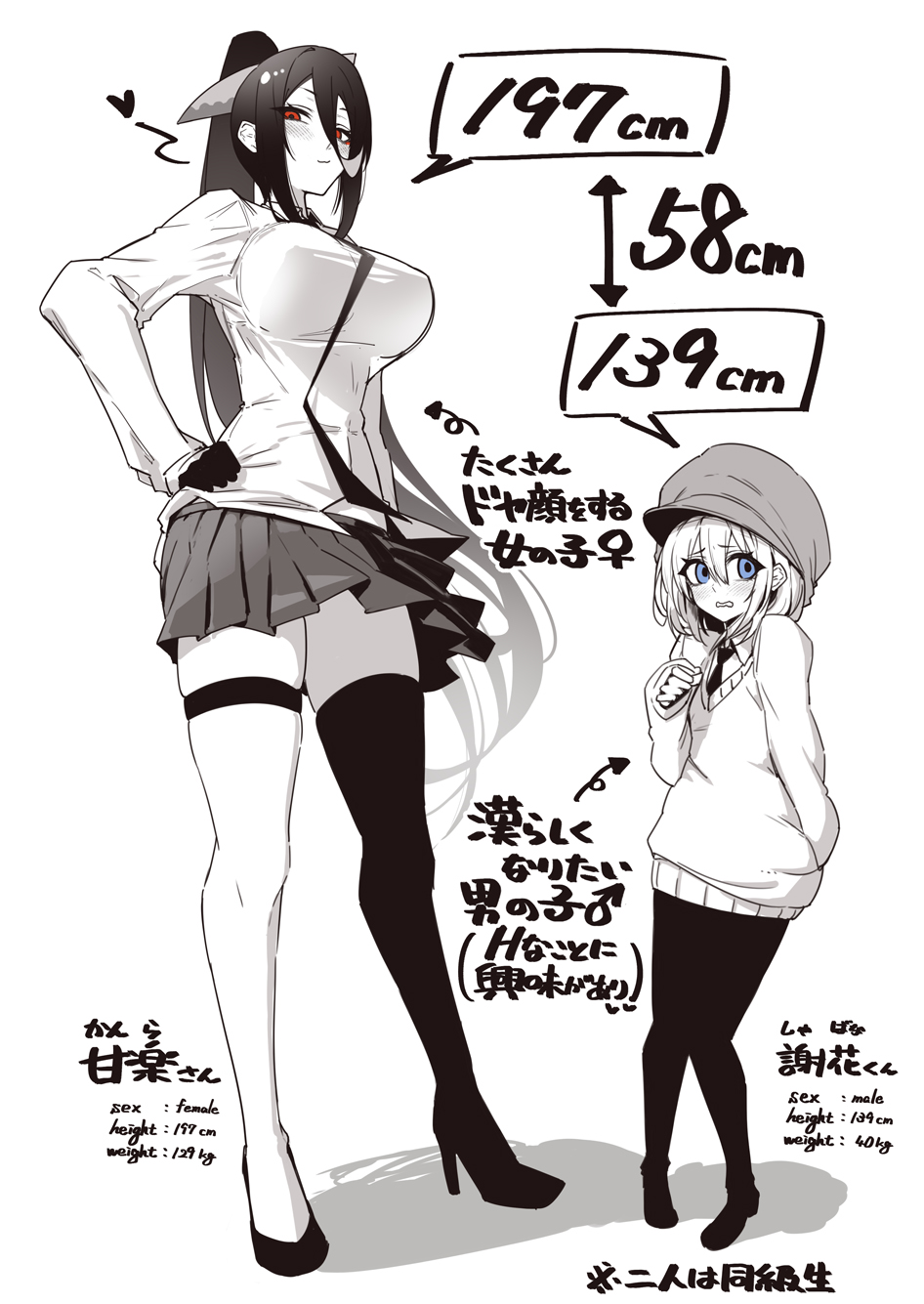 1boy, 1girl, asymmetrical_legwear, black_gloves, black_hair, black_necktie, black_pantyhose, black_thighhighs, blue_eyes, breasts, character_request, clothes_lift, gingami_(giluziru), gloves, hat, height_difference, high_heels, highres, kanra_rei, kaoru_shabana, large_breasts, necktie, pantyhose, partially_colored, ponytail, red_eyes, school_uniform, shirt, single_thighhigh, skirt, skirt_lift, sweater, tengoku_de_akuma_ga_boku_wo_miwaku_suru, thighhighs, white_shirt