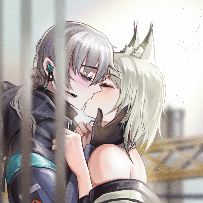 1boy, 1girl, animal_ear_fluff, animal_ears, arknights, bare_shoulders, black_coat, black_gloves