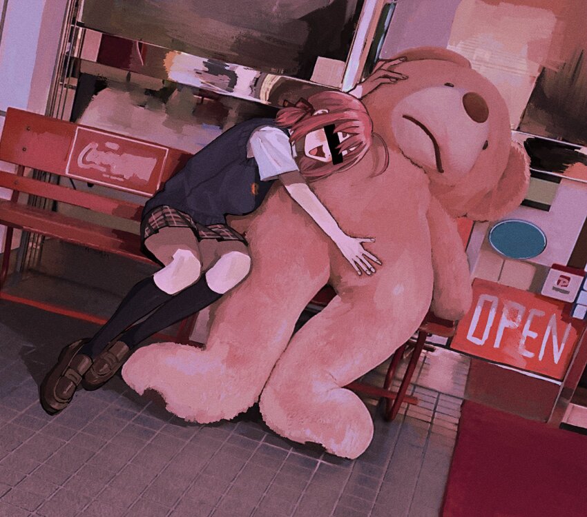 1girl, :3, ahoge, aruko_okara, bar_censor, bench, black_socks, blue_sweater_vest, blush_stickers, bow, breasts, censored, coca-cola, duck_print, dutch_angle, film_grain, hair_bow, highres, hirekatsu_(kmrkbs), hugging_doll, hugging_object, censored_identity, indie_virtual_youtuber, kneehighs, large_breasts, leaning_on_object, loafers, low_twintails, open_mouth, open_sign, oversized_object, photo_background, pink_hair, plaid_clothes, plaid_skirt, pleated_skirt, red_bow, shirt, shoes, short_eyebrows, short_hair, short_sleeves, short_twintails, sitting, skirt, smile, socks, solo, stuffed_animal, stuffed_toy, sweater_vest, teddy_bear, tokumei_radio, twintails, virtual_youtuber, white_shirt