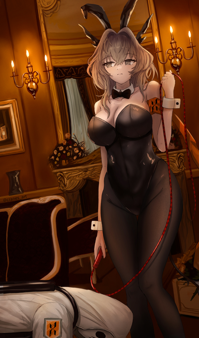 1girl, 1other, absurdres, animal_ears, arknights, armband, bare_shoulders, black_bow, black_bowtie, black_leotard, black_pantyhose, bow, bowtie, breasts, brown_eyes, brown_hair, cleavage, closed_mouth, covered_navel, cranes_(hiroro1), detached_collar, dragon_girl, dragon_horns, dragon_tail, feet_out_of_frame, femdom, hair_intakes, highres, holding, holding_whip, horns, indoors, large_breasts, leotard, mask, mirror, pantyhose, playboy_bunny, rabbit_ears, reunion_soldier_(arknights), short_hair, solo_focus, standing, strapless, strapless_leotard, tail, talulah_(arknights), thigh_gap, traditional_bowtie, wrist_cuffs