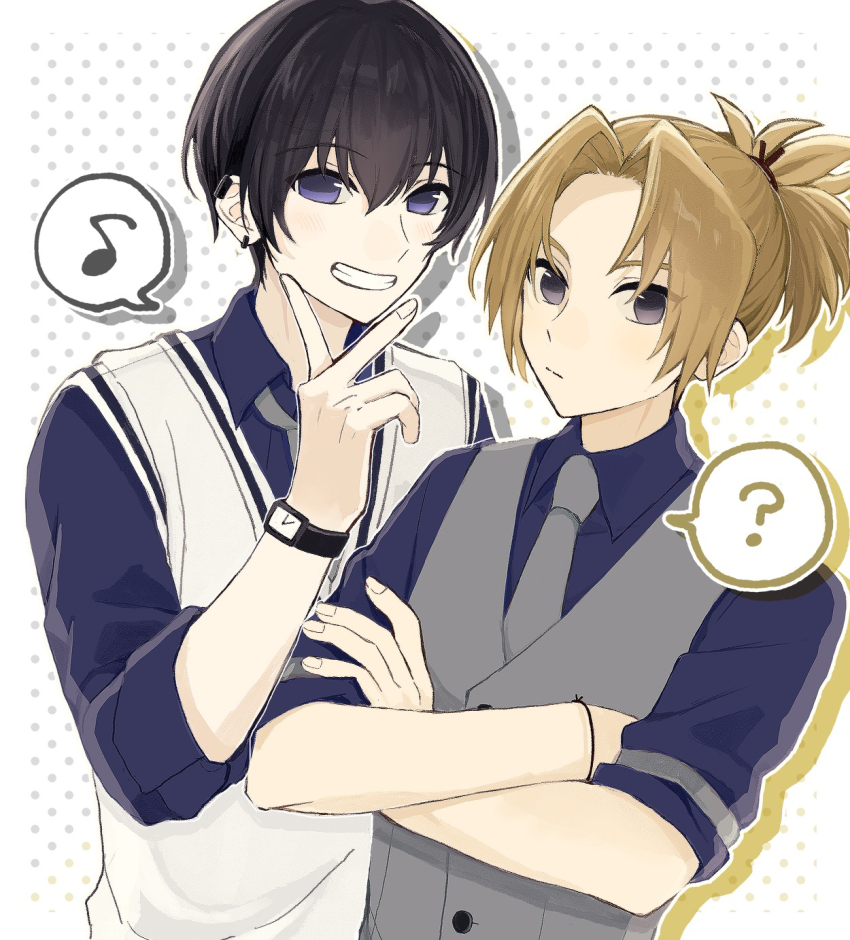 2boys, ?, aoppella, black_eyes, black_hair, blonde_hair, expressionless, highres