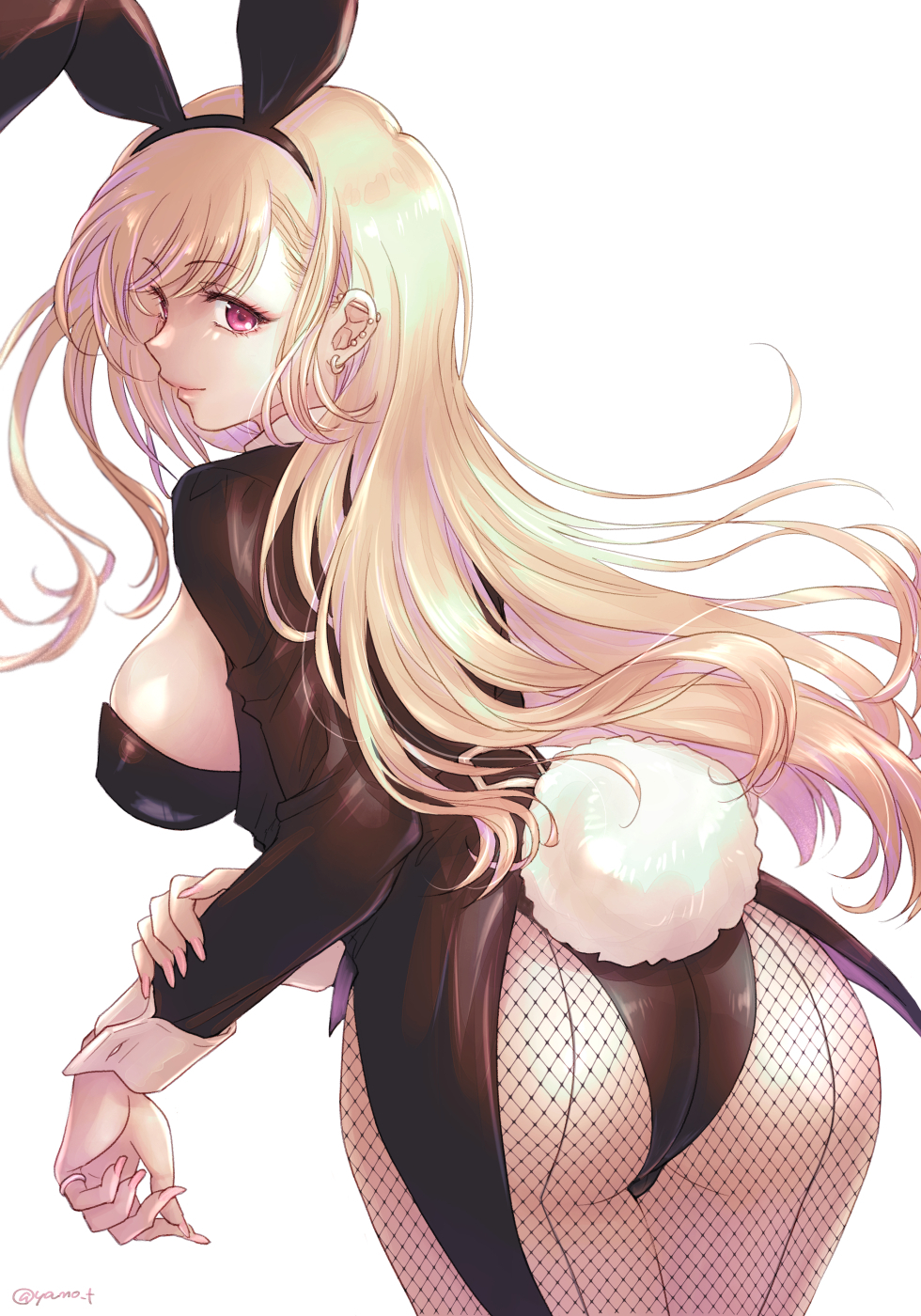 1girl, animal_ears, ass, back-seamed_legwear, blonde_hair, breasts, closed_mouth, coattails, ear_piercing, fake_animal_ears, fake_tail, fishnet_pantyhose, fishnets, from_behind, highres, kitagawa_marin, large_breasts, leaning_forward, long_hair, long_sleeves, looking_at_viewer, looking_back, pantyhose, piercing, pink_eyes, playboy_bunny, rabbit_ears, rabbit_tail, seamed_legwear, sideboob, simple_background, smile, solo, sono_bisque_doll_wa_koi_wo_suru, tail, tailcoat, very_long_hair, white_background, wrist_cuffs, yano_takumi
