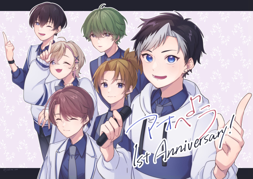 6+boys, androgynous, anniversary, aoppella, ayase_mitsuo, black_hair, blonde_hair, closed_eyes, coresawa_maito, fya'm'_(aoppella), green_eyes, green_hair, highres, light_brown_hair, multicolored_hair, multiple_boys, nekoyashiki_yui, one_eye_closed, pink_hair, purple_eyes, shigaki_akira, shinkai_fukami, short_hair, soenji_asaharu, white_hair, yukino_srai