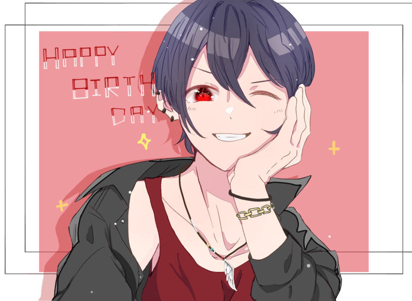 1boy, aoppella, black_hair, blush, border, feather_necklace, happy_birthday, highres, jacket, jewelry, leather, leather_jacket, male_focus, minato_har, necklace, one_eye_closed, pink_background, red_eyes, red_tank_top, short_hair, solo, tanba_rin_(aoppella), tank_top, teeth, white_border