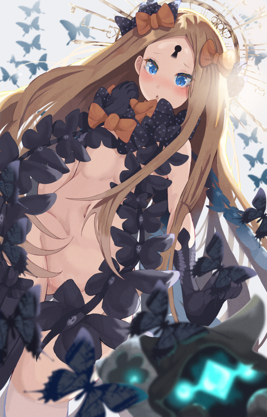1girl, abigail_williams_(fate), abigail_williams_(second_ascension)_(fate), absurdres, bare_shoulders, black_bow, black_headwear, blonde_hair