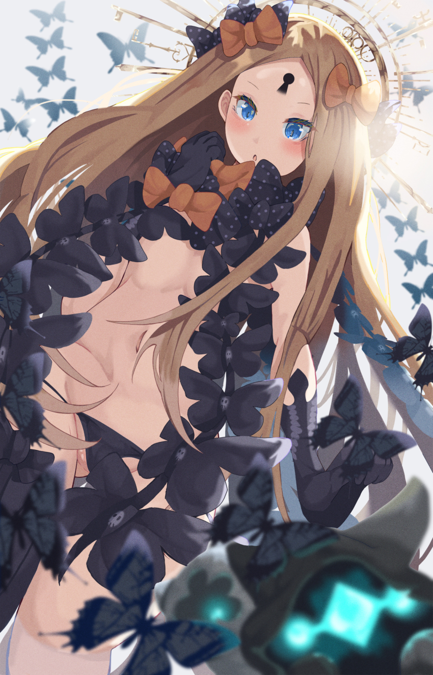 1girl, abigail_williams_(fate), abigail_williams_(second_ascension)_(fate), absurdres, bare_shoulders, black_bow, black_headwear, blonde_hair