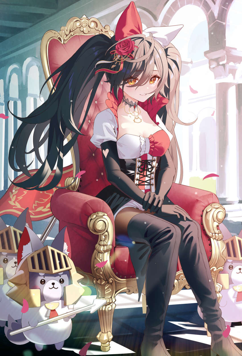 1girl, 2others, absurdres, black_footwear, black_gloves, black_hair, boots, bow