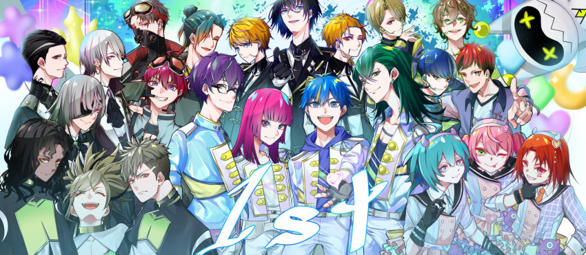 6+boys, :d, ahoge, android, aqua_hair, auru_(technoroid), balloon, black_gloves, black_hair, blue_hair, blunt_bangs, braid, brown_hair, character_request, chrom_(technoroid), cobalt_(technoroid), dark-skinned_male, dark_skin, denta_(technoroid), eyepatch, glasses, gloves, goggles, hair_between_eyes, hair_bun, hair_ornament, headband, headset, heart, heart_hair_ornament, highres, idol_clothes, kei_(technoroid), kite_(technoroid), kite_(techoroid), light_(technoroid), light_brown_hair, long_hair, mask, mouth_mask, multicolored_hair, multiple_boys, neon_(technoroid), night_(technoroid), open_mouth, partially_fingerless_gloves, pink_hair, pointing, pointing_at_viewer, purple_eyes, red_eyes, sharp_teeth, sideburns, single_hair_bun, smile, streaked_hair, technoroid, teeth, uniform, white_hair, x_hair_ornament